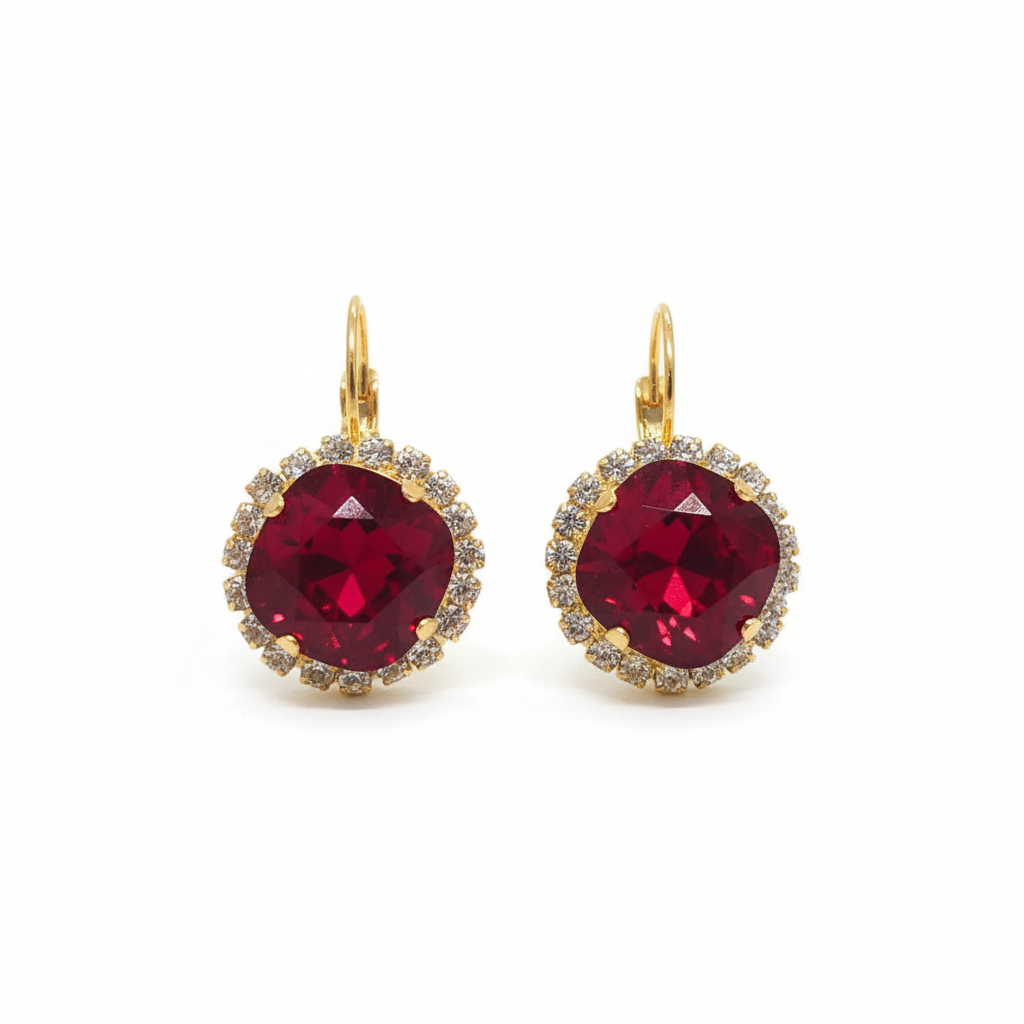 Handcrafted red crystal round drop earrings with CZ halo in gold plated lever back — Teramasu luxury jewelry, Pinehurst NC