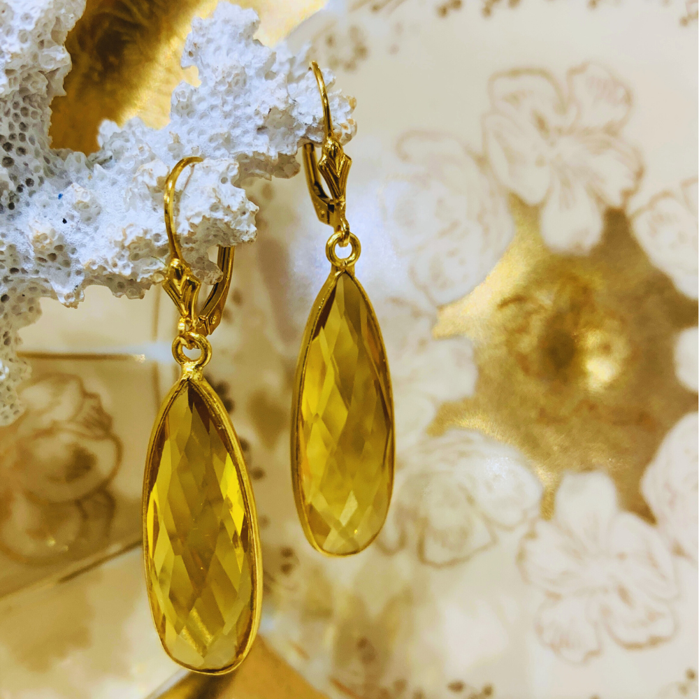 Handcrafted teardrop citrine drop earrings in 14K gold filled on white background — Teramasu luxury jewelry, Pinehurst NC