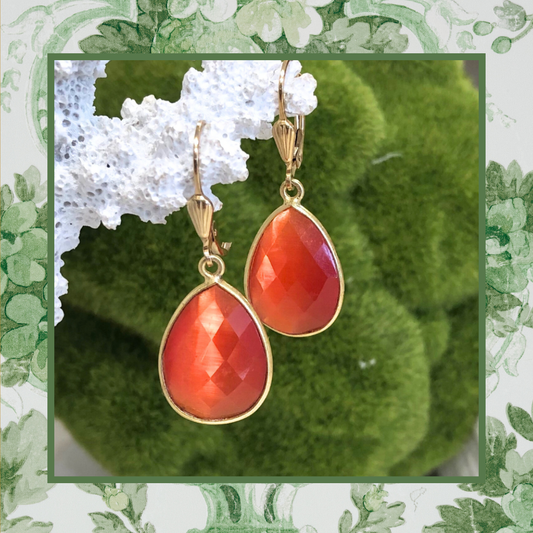 Handcrafted orange crystal teardrop drop earrings in 14K gold filled on white background — Teramasu, Pinehurst NC