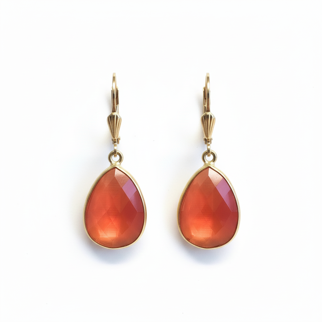 Handcrafted orange crystal teardrop drop earrings in 14K gold filled on white background — Teramasu, Pinehurst NC