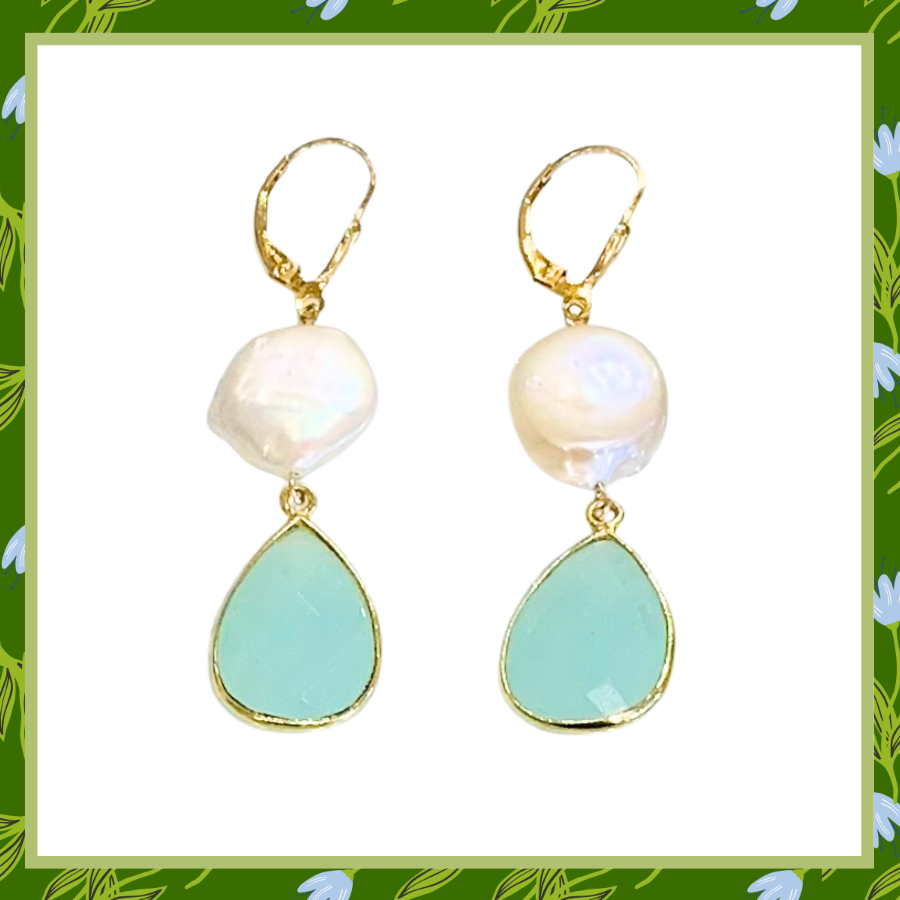 Handmade Pearl and Aqua Chalcedony Tear Drop Earrings 14K Gold Filled
