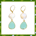 Handmade Pearl and Aqua Chalcedony Tear Drop Earrings 14K Gold Filled