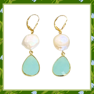 Handmade Pearl and Aqua Chalcedony Tear Drop Earrings 14K Gold Filled