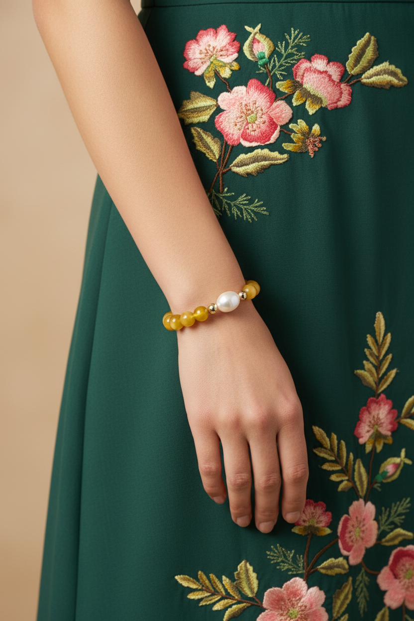 Elegant woman wearing yellow agate Gratitude Bracelet with embroidered floral dress — Teramasu designer jewelry