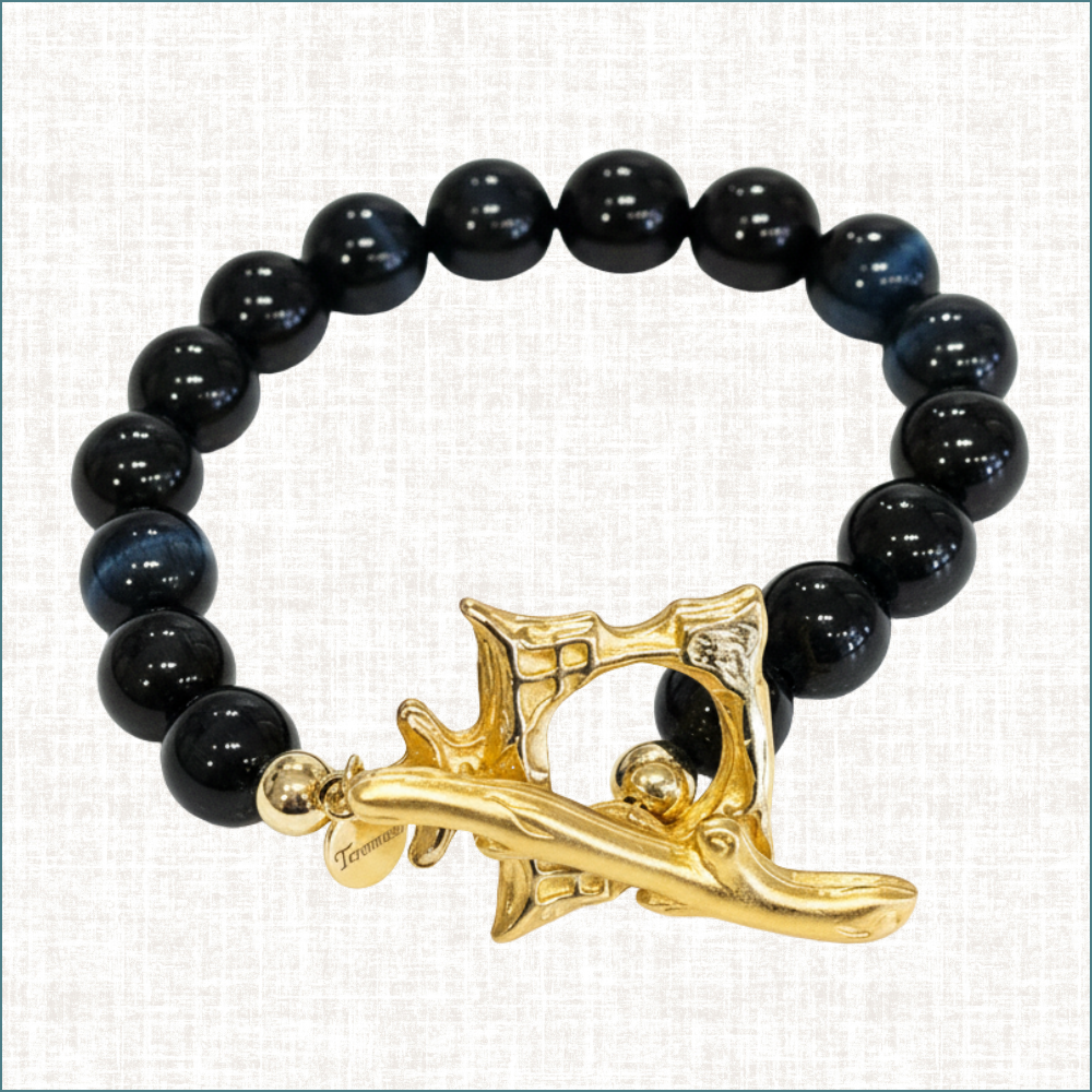 Handcrafted black onyx Pagoda toggle bracelet on white background — unique luxury jewelry by Teramasu, Pinehurst NC