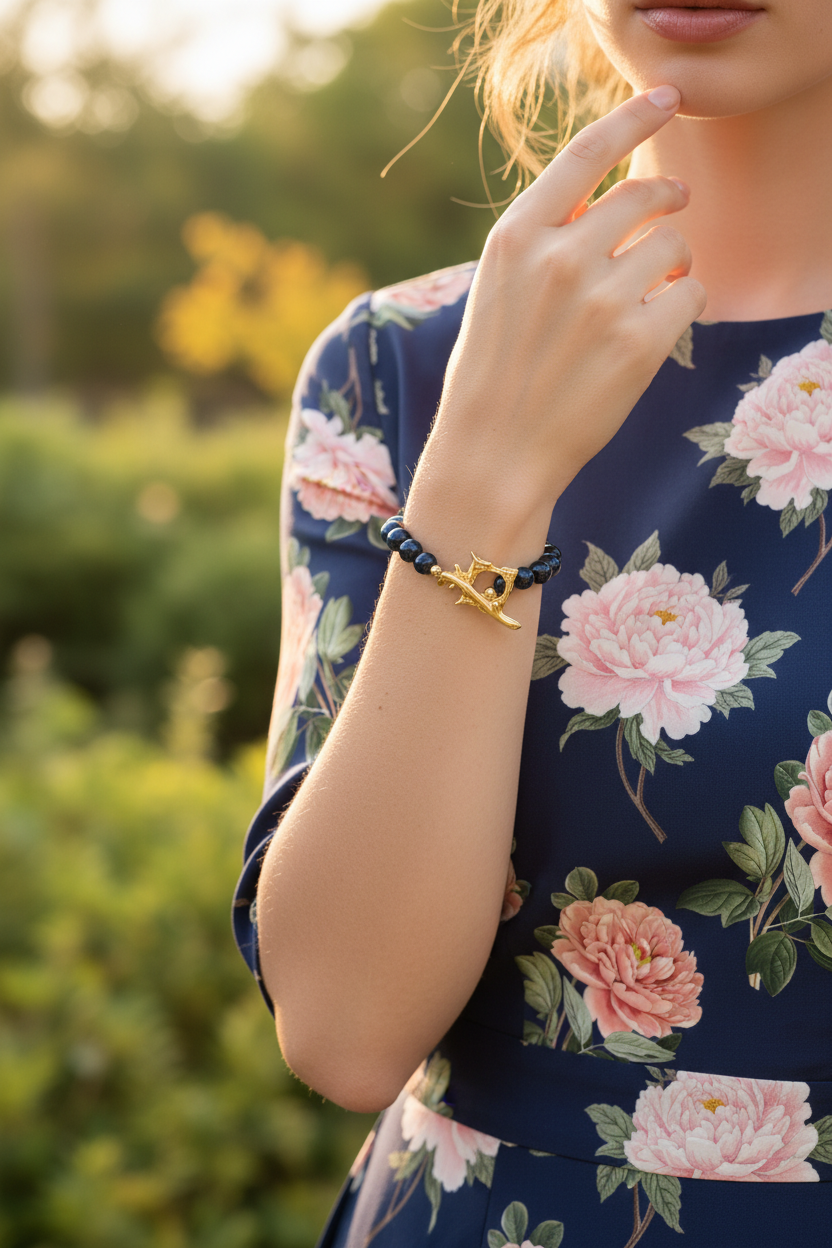 Navy blue tiger's eye Pagoda bracelet elegant lifestyle styling — Terrie Moses Design, Pinehurst NC
