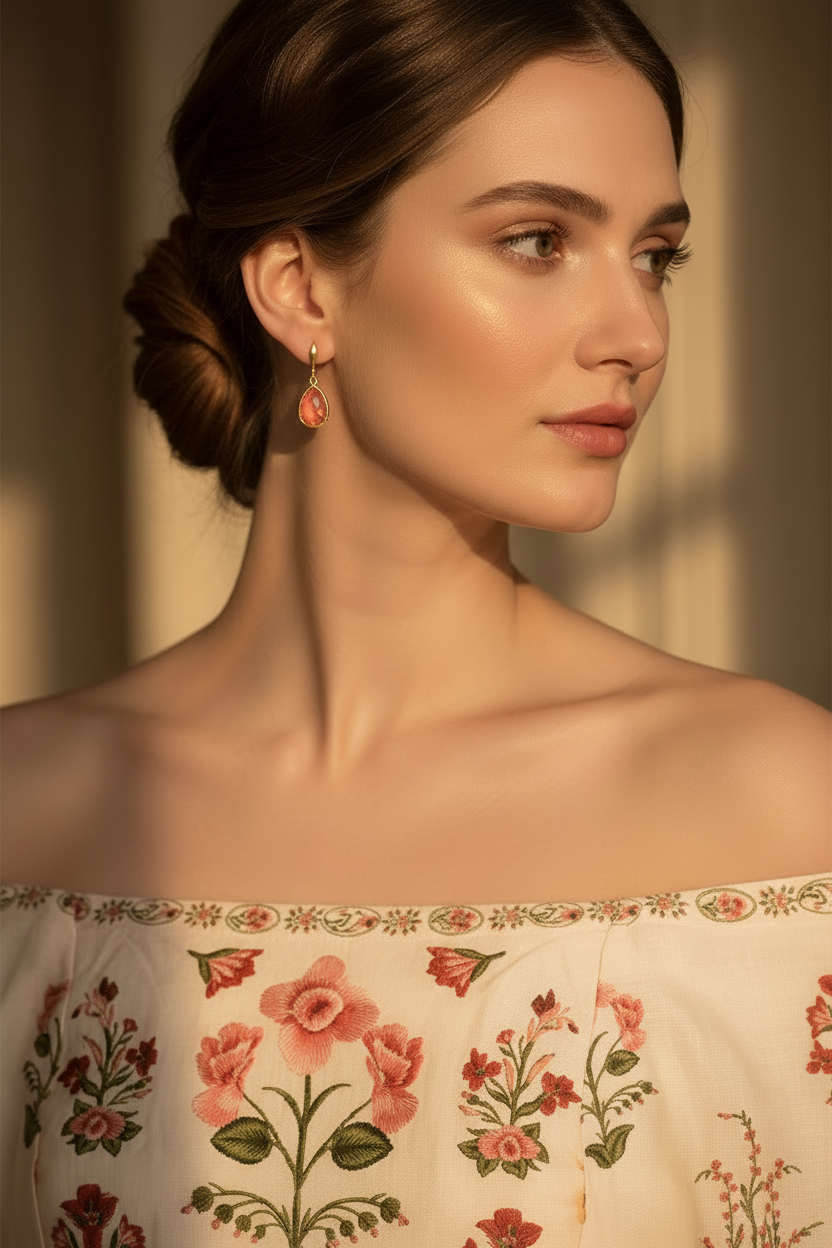 Elegant woman wearing orange crystal teardrop earrings in off-shoulder dress — Teramasu handmade luxury jewelry