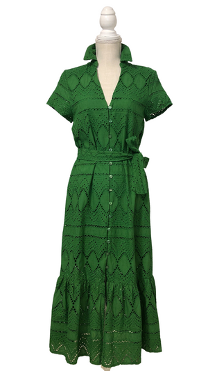  Beautiful Hunter Green Embroidered Short Sleeve Midi Ruffle Dress