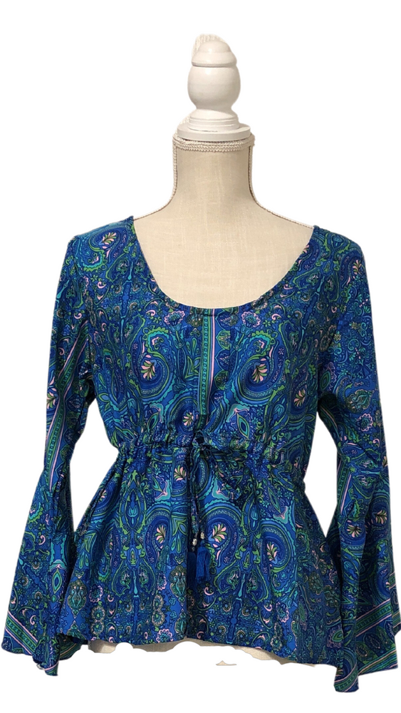 Blue Paisley Top With Draw String Waist One Size