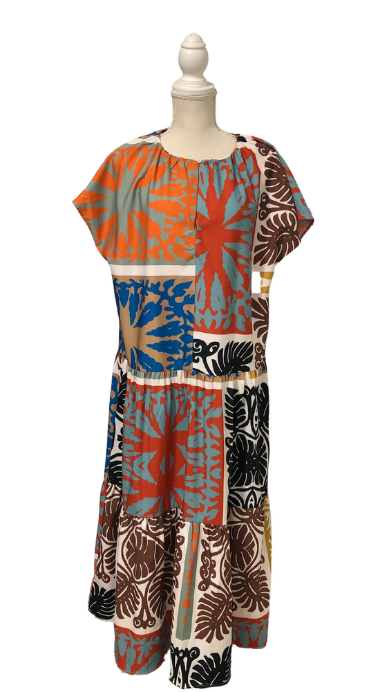 Multi-Colored beautiful long summer dress with short sleeves and a drop waist.