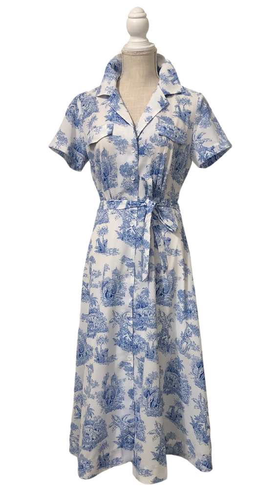 Blue And White Tropical Print Button Down Belted Midi Dress