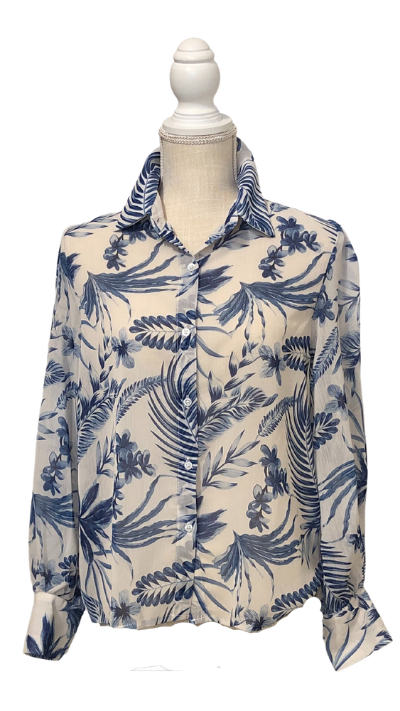 Blue And White Floral Print Sheer Blouse