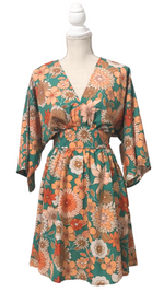 Green and Peach Floral Print V-Neck Belted Dress