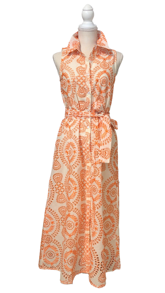 Stunning Sleeveless Embroidered Midi Dress in Orange and White