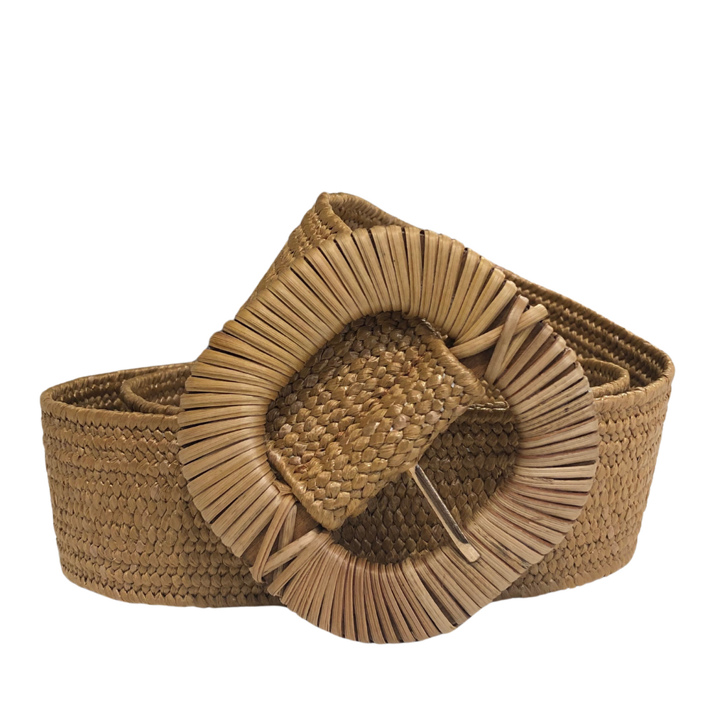 Light Brown Straw Woven Square Buckle Elastic Belt