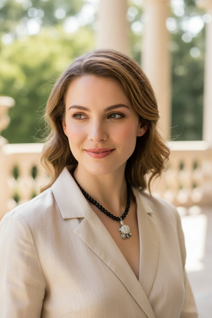 Black Onyx Turtle Necklace - Woman in Linen Blouse Outdoors