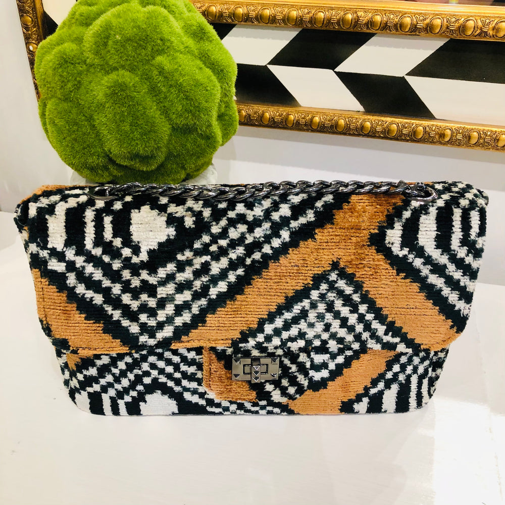 Teramasu One of a Kind Black And White Geometric Design Handmade Silk Tapestry Purse