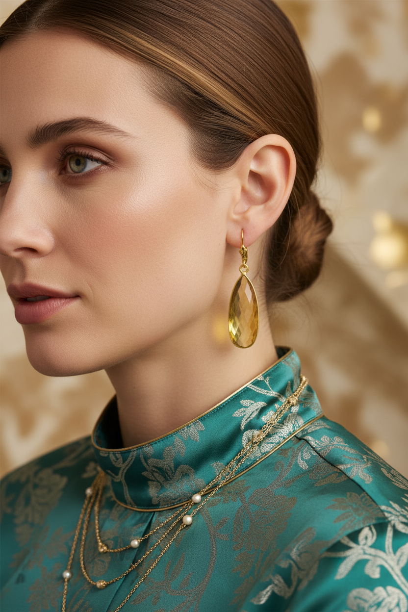 Closeup of elegant woman wearing tear drop citrine earrings