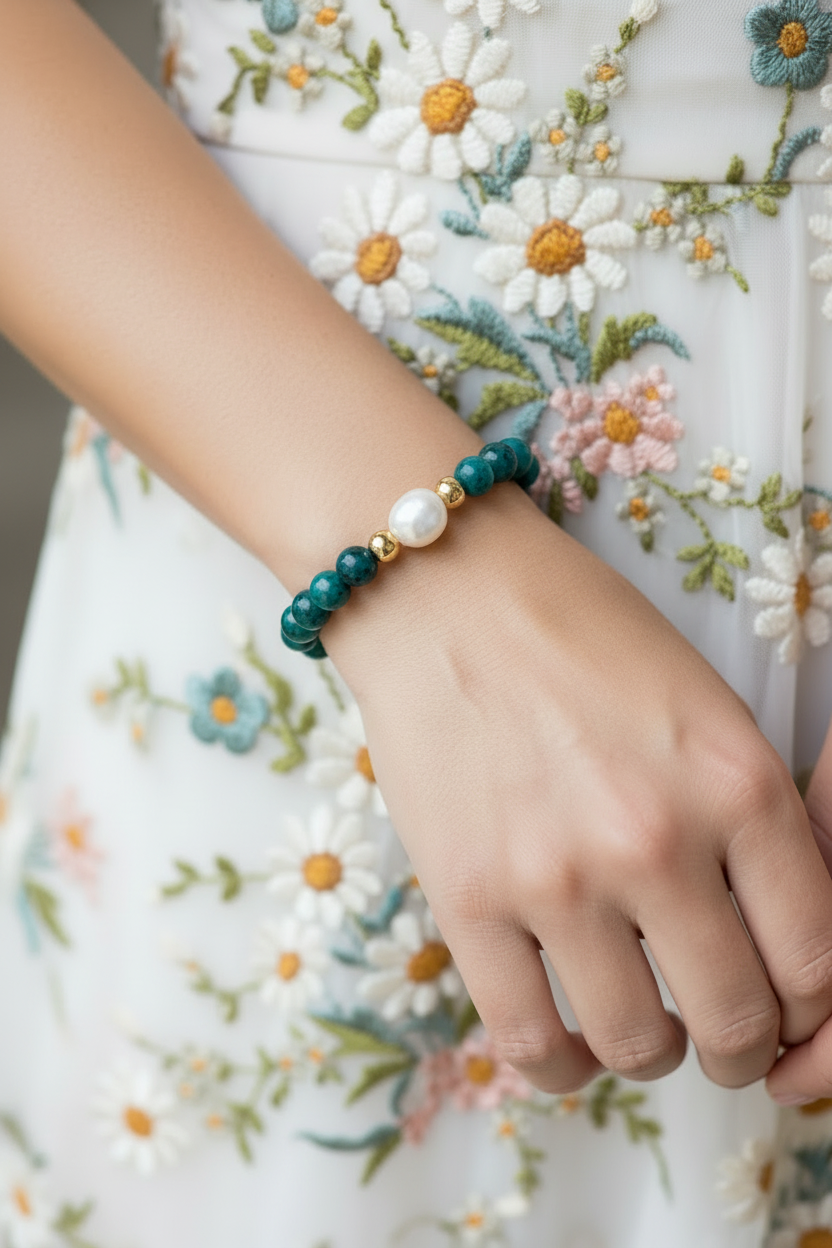 Elegant woman wearing Chrysocolla Gratitude Bracelet without gold tag with embroidered floral dress