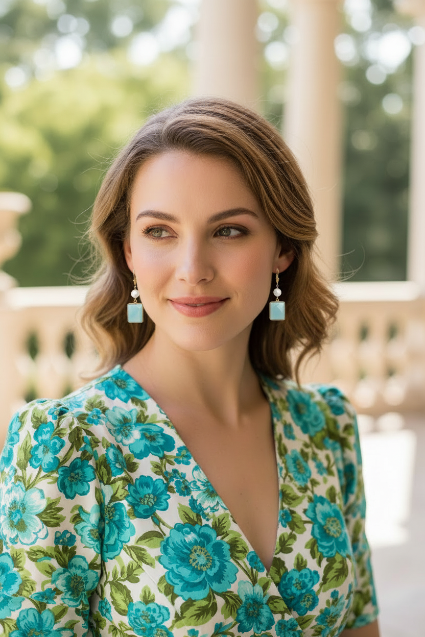 Elegant woman wearing pearl and aqua blue rectangular earrings correctly positioned through ears