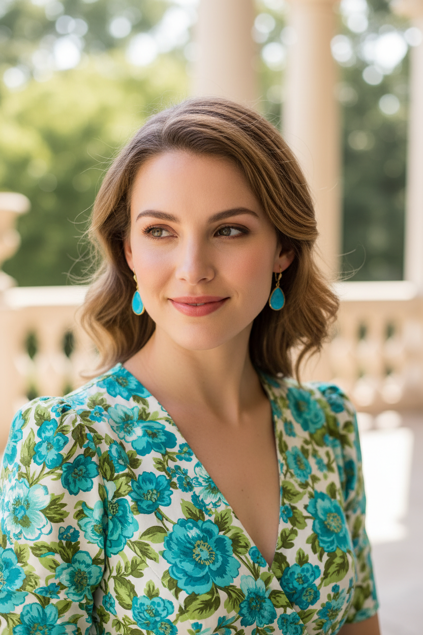 Elegant woman wearing smaller Teramasu Turquoise Earrings in turquoise blue floral dress outdoors