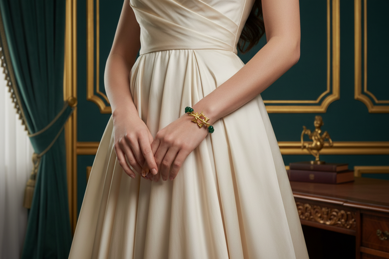 Elegant woman wearing the Pagoda bracelet in green agate