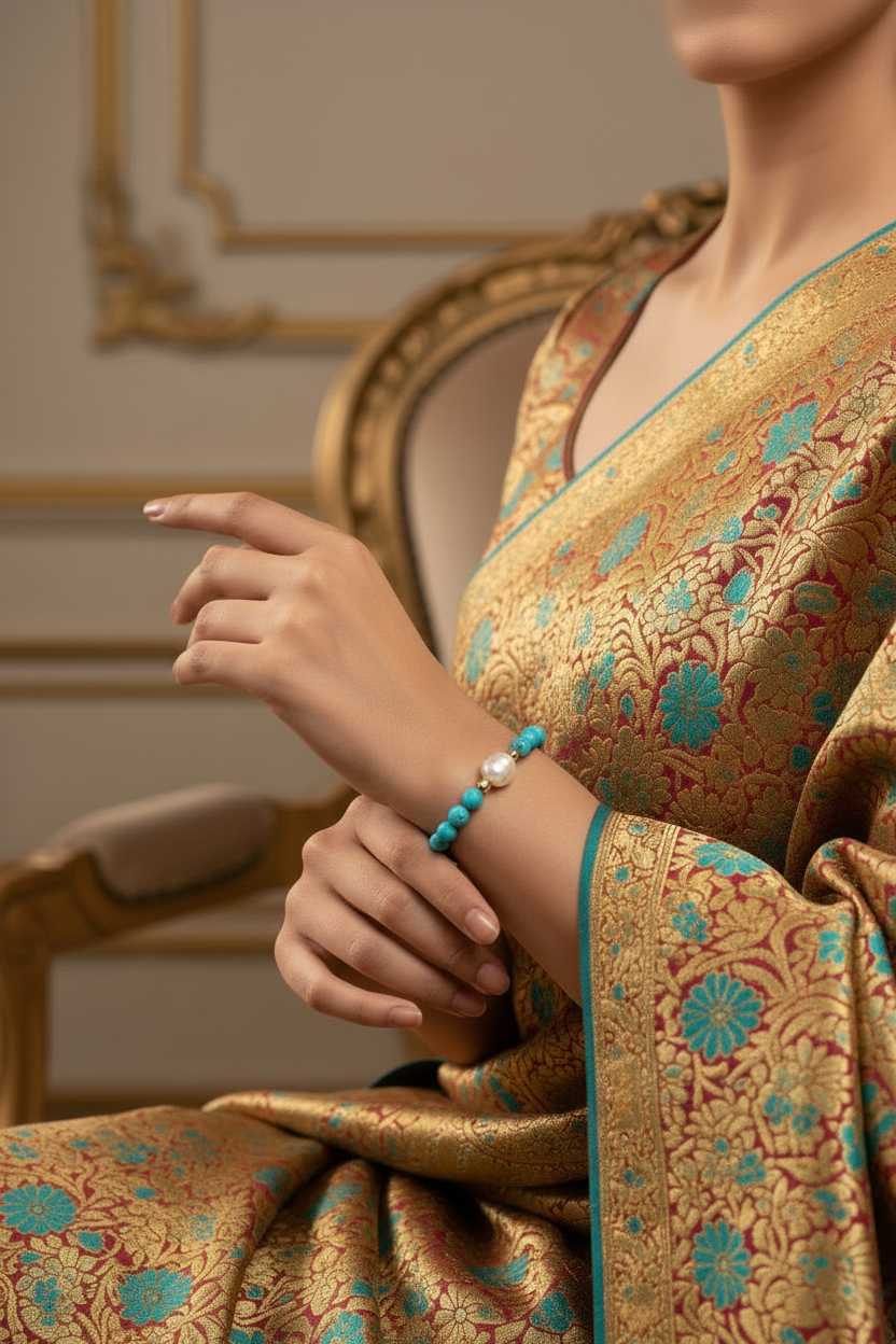 Elegant woman wearing Turquoise Gratitude Bracelet with turquoise and gold embroidered dress, no earrings