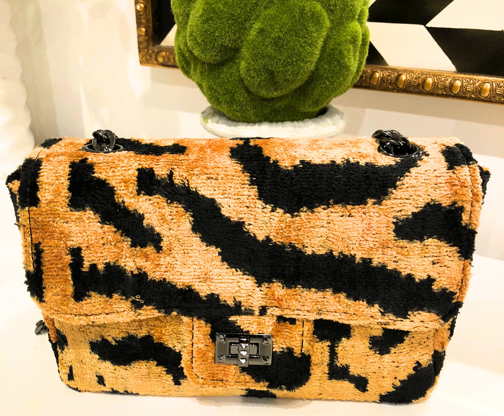 Teramasu One of a Kind Gold Black Animal Print Handmade Silk Tapestry Purse