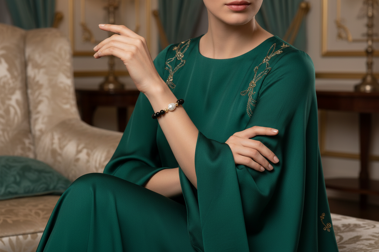 Luxury Baroque Pearl Black Onyx Gratitude Bracelet on woman in dress