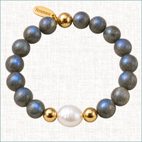 Luxury handmade labradorite bracelet with baroque pearl, gold accents, and Teramasu signature tag.
