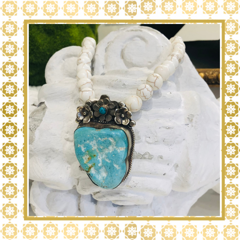 Howlite Necklace With One Of a Kind Turquoise Pendant