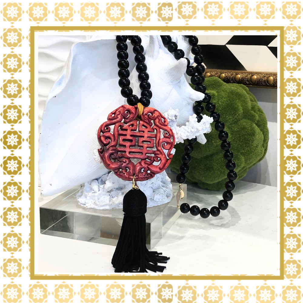 One of A Kind Handcrafted Black Onyx Red Jade long Necklace