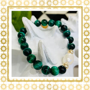 Luxury Baroque Pearl Gratitude Bracelet 14K Gold Filled  in Green Tigers Eye Harmony  Balance  Strength
