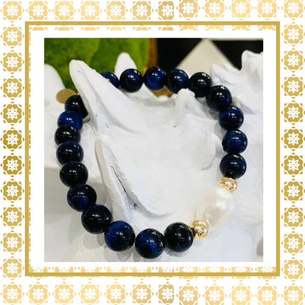 Luxury Baroque Pearl Gratitude Bracelet 14K Gold Filled in Deep Blue Tigers Eye Harmony Balance Strength