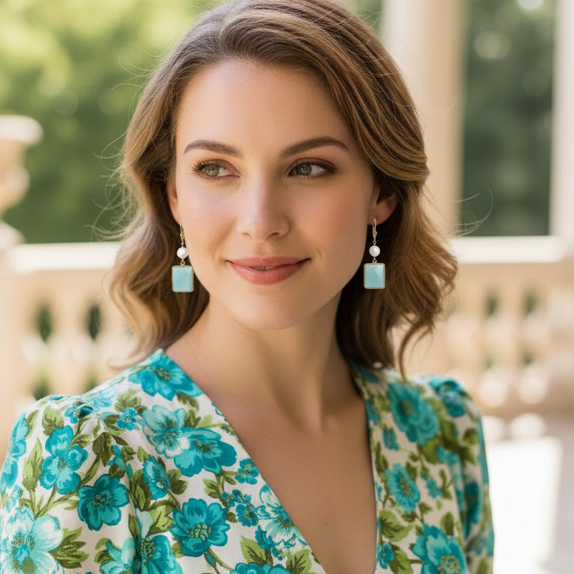 Teramasu aqua chalcedony and pearl drop earrings worn with a blue floral dress in an elegant outdoor setting.