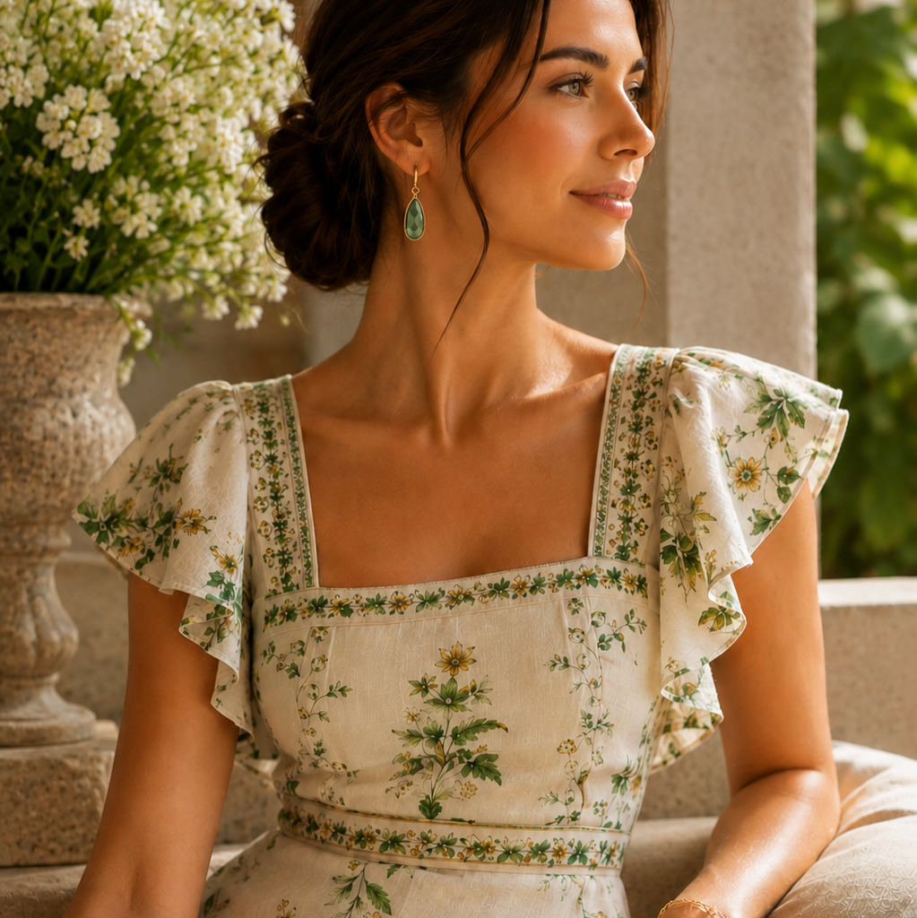 Teramasu peridot quartz drop earrings worn by a woman in a floral dress