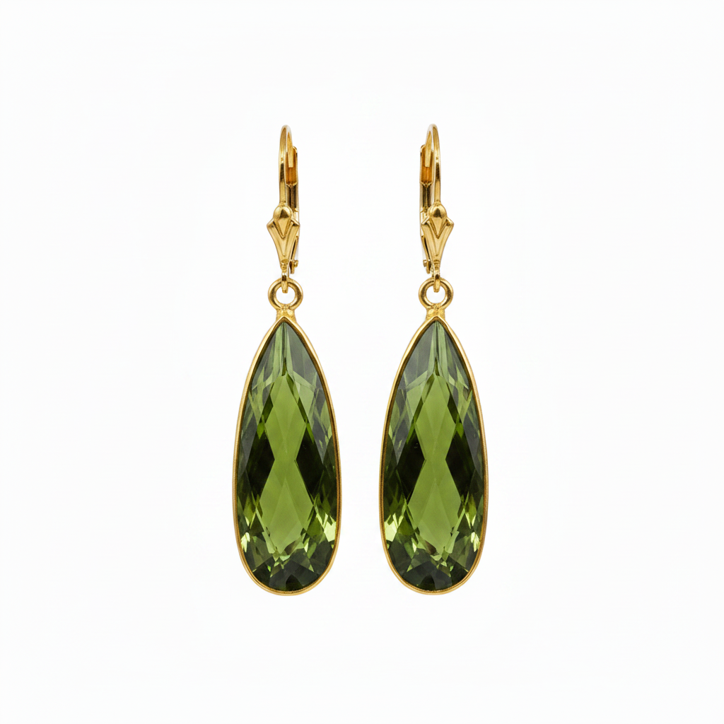Teramasu gold drop earrings with faceted peridot quartz gemstones on a white background