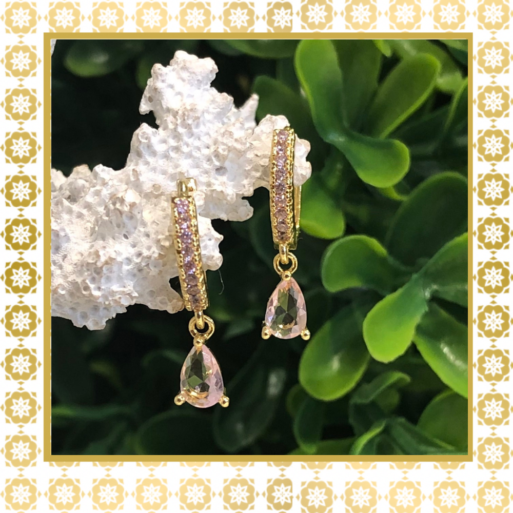 Teramasu CZ Crystal Pink Hoop Gold Plated Dainty Drop Earrings