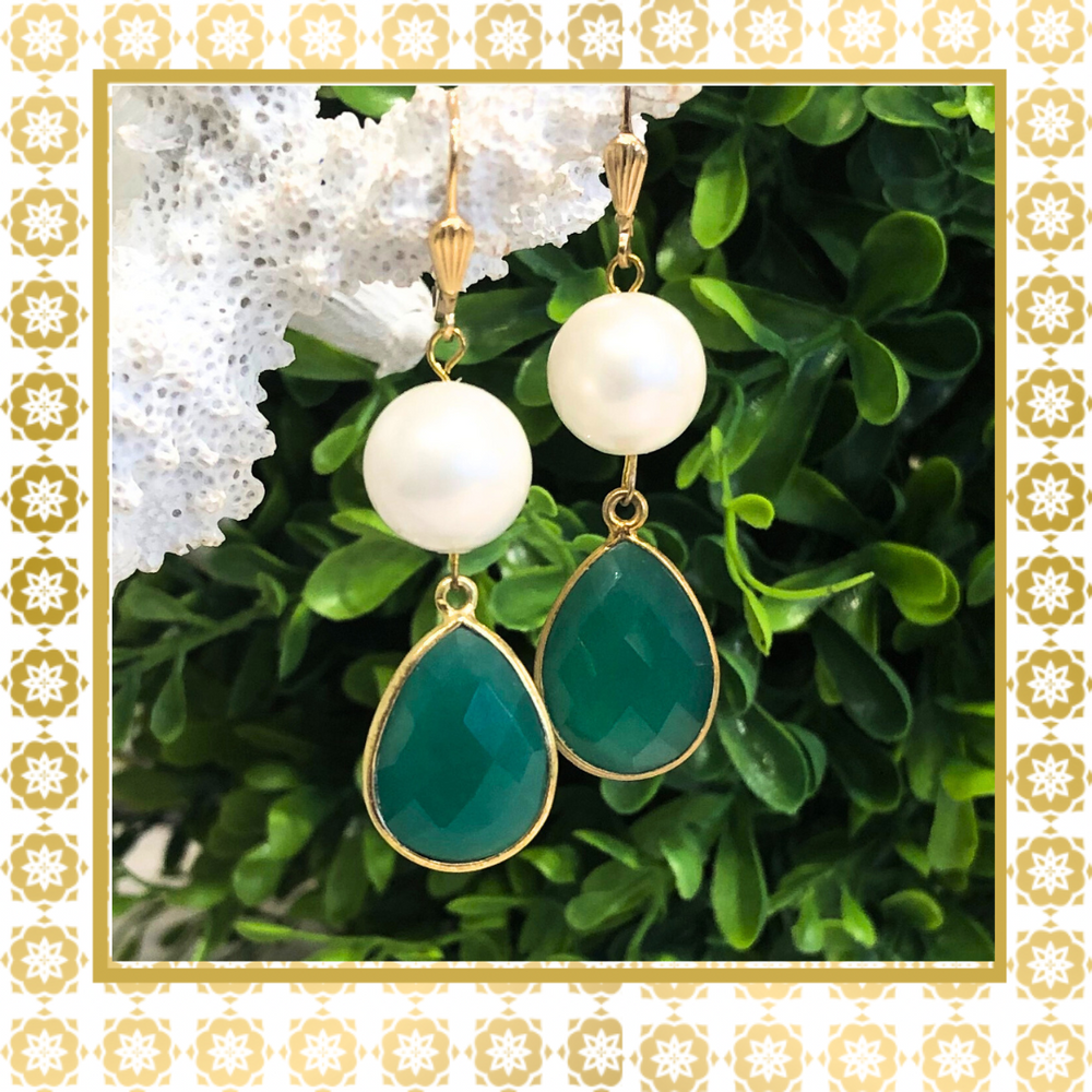 Handmade Pearl and Green Onyx Tear Drop Earrings 14K Gold Filled