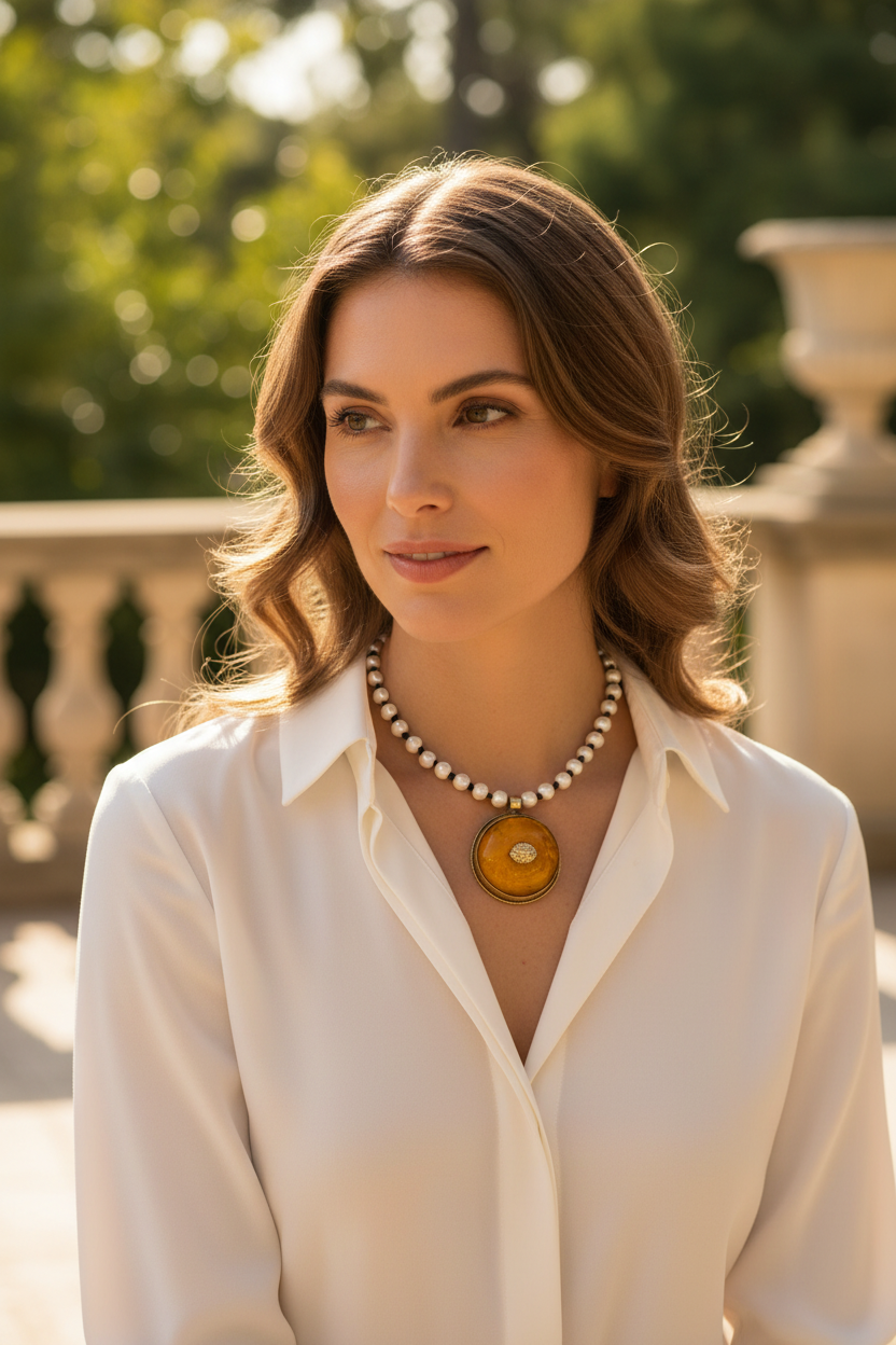 Woman wearing Pearls with Hand Knotted Silk Large Amber Pendant Necklace - outdoor setting