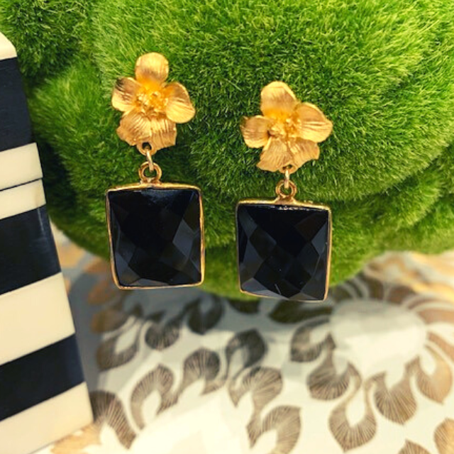 Teramasu Faceted Black Onyx Square Gemstone 14k Gold Vermeil Flower Post Drop Earrings