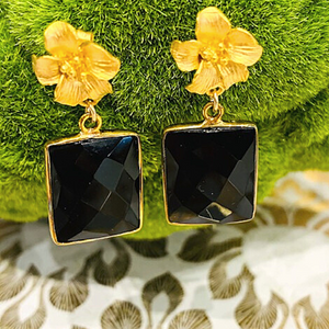 Teramasu Faceted Black Onyx Square Gemstone 14k Gold Vermeil Flower Post Drop Earrings