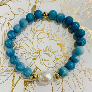 Fine Jewelry Luxury Baroque Pearl Gratitude Bracelet 14K Gold Filled in Sky Blue Larimar Quartz Peace  Love  Enlightenment