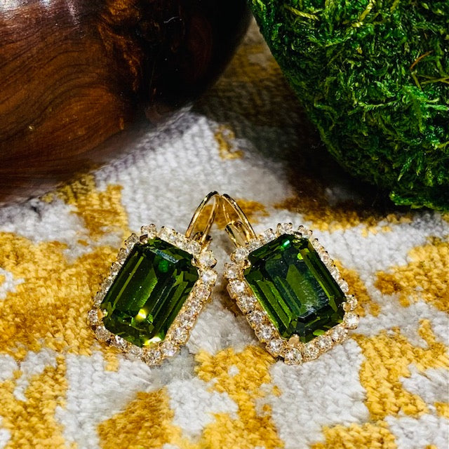 Teramasu Olive Green Square Swarovski Crystal with Rhinestones Lever Back Gold Drop Earrings