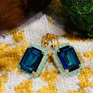 Teramasu Deep Blue Square Swarovski Crystal with Turquoise Lever Back Gold Drop Earrings