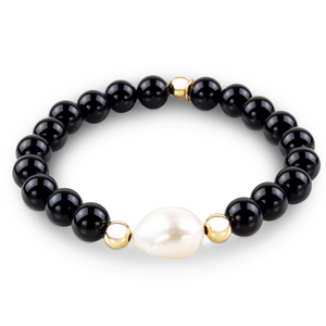 Luxury Baroque Pearl Gratitude Bracelet 14K Gold Filled in Black Onyx Happiness Energy Strength