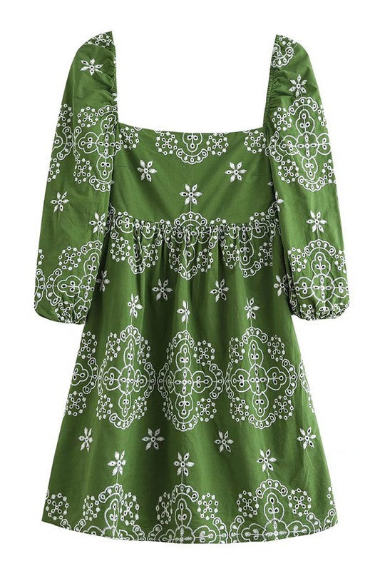 Green and White  Embroidered Dress