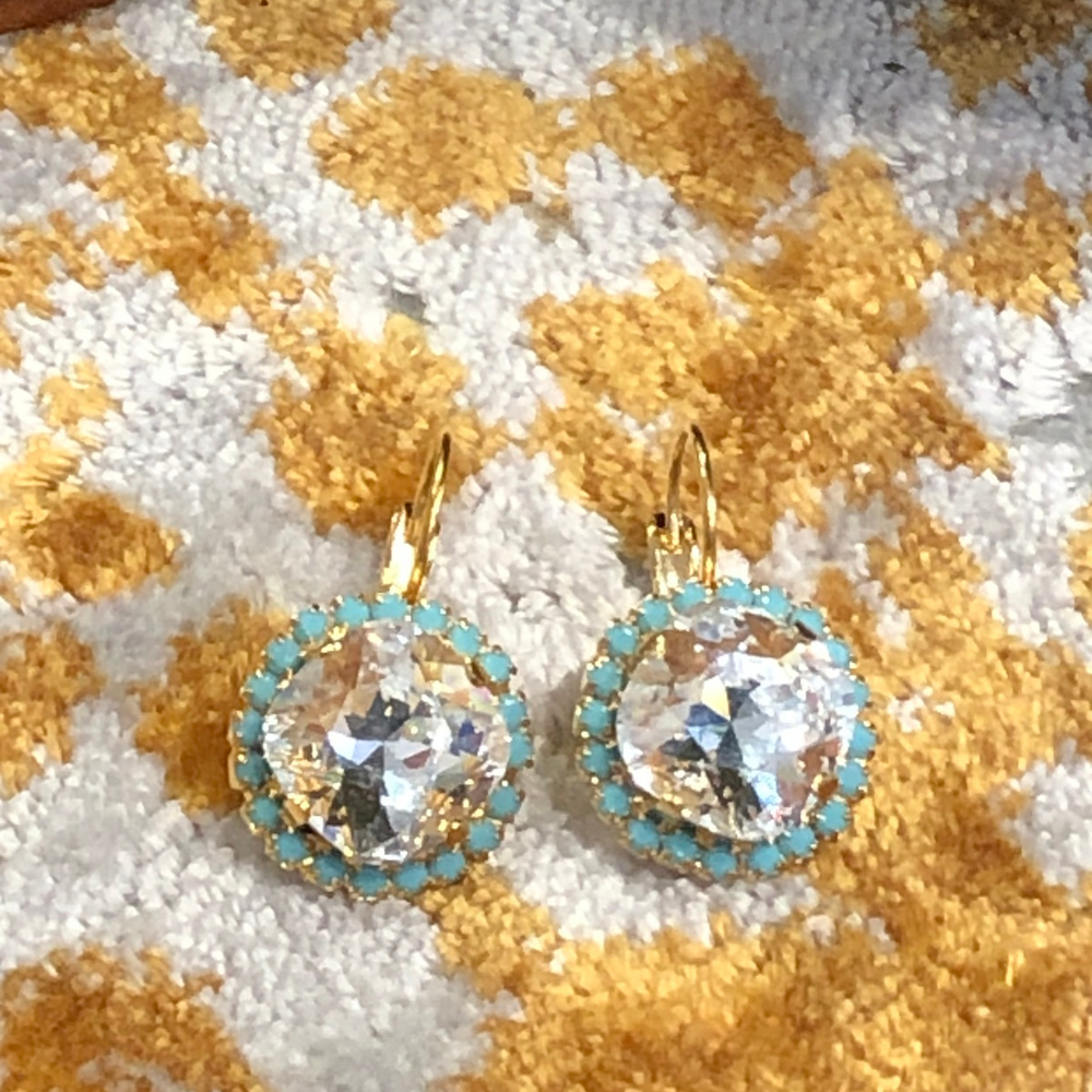 Teramasu Crystal Clear Round Crystal with Turquoise Blue Rhinestones Lever back Gold Drop Earrings