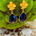 Teramasu Navy Blue Teardrop Crystal 14k Gold Vermeil Flower Post Drop Earrings