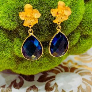 Teramasu Navy Blue Teardrop Crystal 14k Gold Vermeil Flower Post Drop Earrings